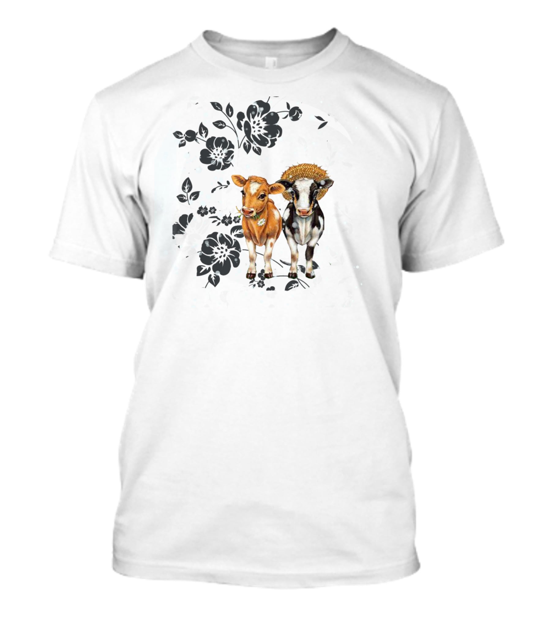I Love Cows To The Moon And Back Floral Black And White Cow T-Shirt