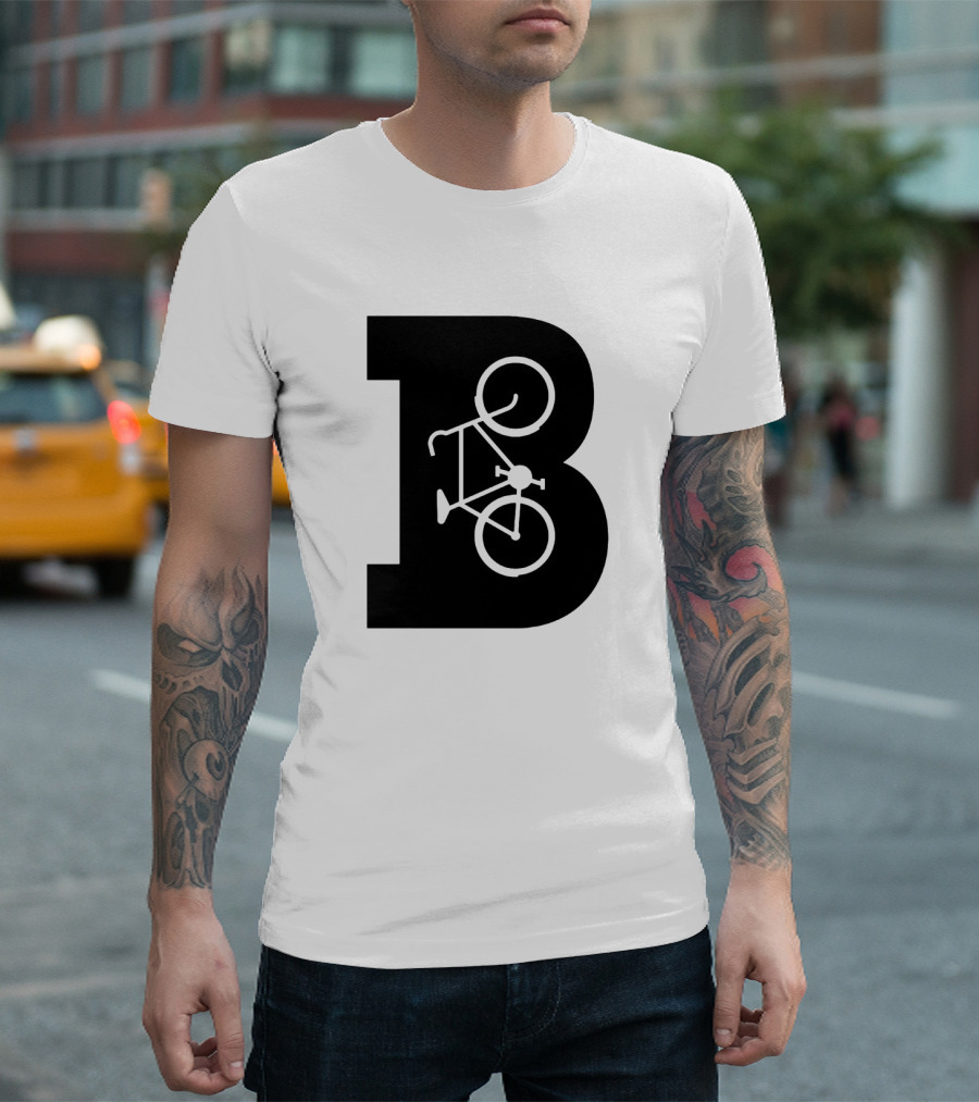 B Letter with Bicycle Motif Design in Bold Black T-Shirt