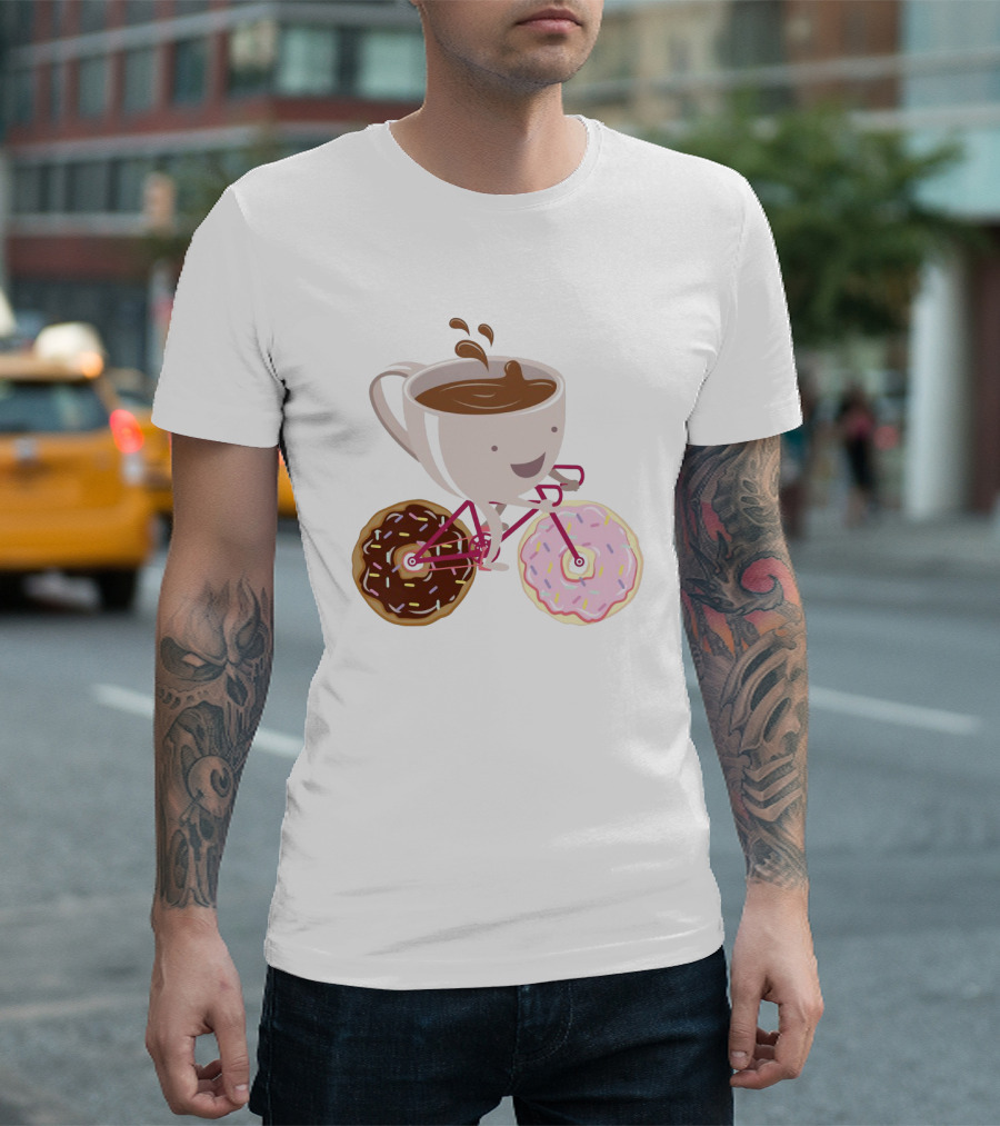 Happy Coffee Cup Riding Donut Bicycle Fun T-Shirt