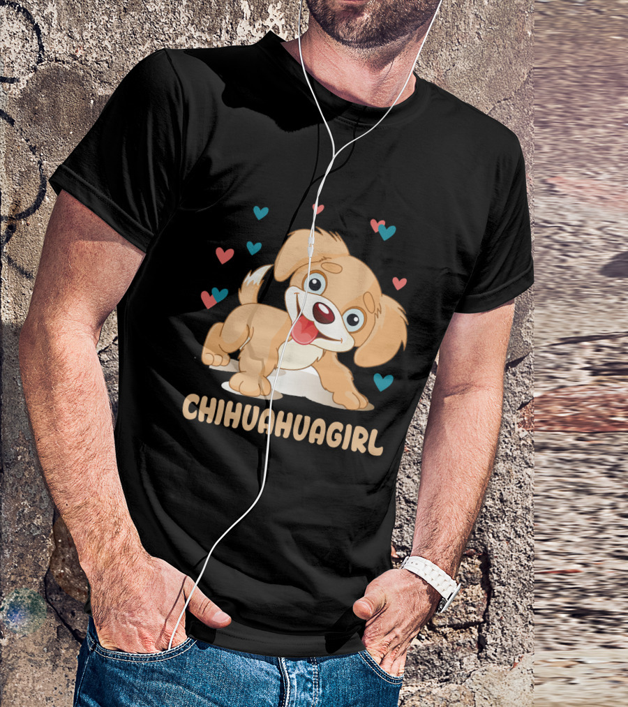 Chihuahuagirl Cute Cartoon Puppy Surrounded By Colorful Hearts T-Shirt