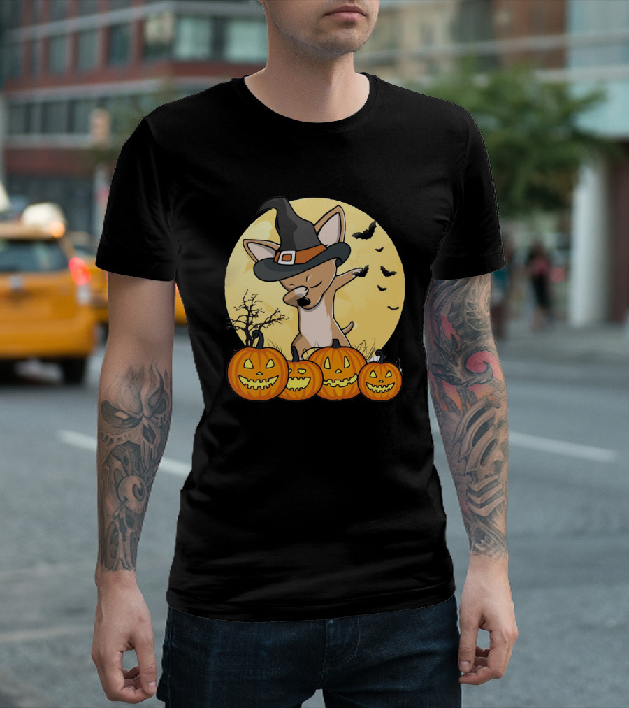 Chihuahua Dabbing in Witch Hat with Pumpkins Halloween Moon Background T-Shirt