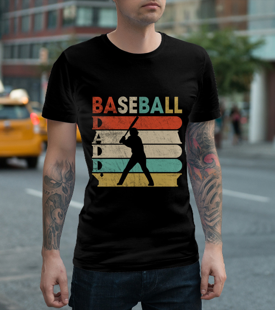 Retro Baseball Daddy Vintage Stripes Silhouette Batter T-Shirt