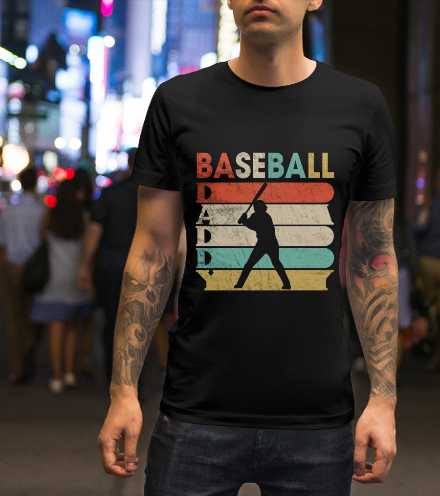 Retro Baseball Daddy Vintage Stripes Silhouette Batter T-Shirt