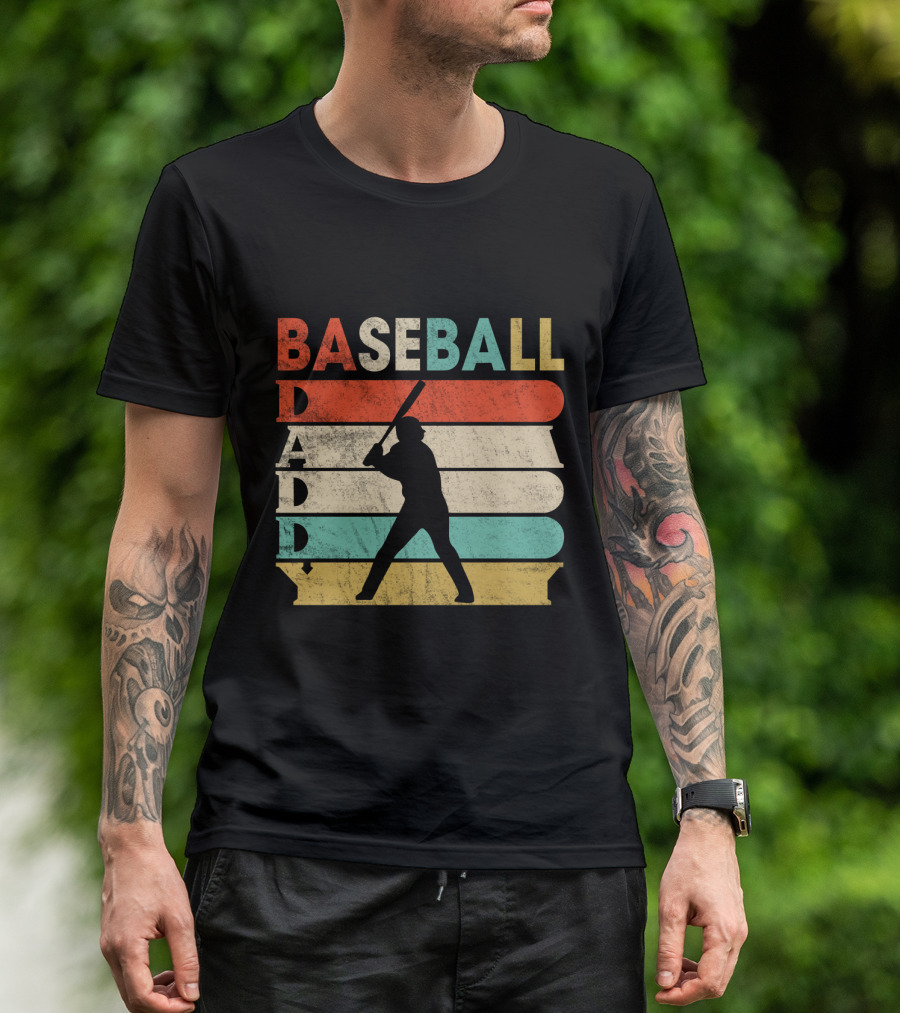 Retro Baseball Daddy Vintage Stripes Silhouette Batter T-Shirt