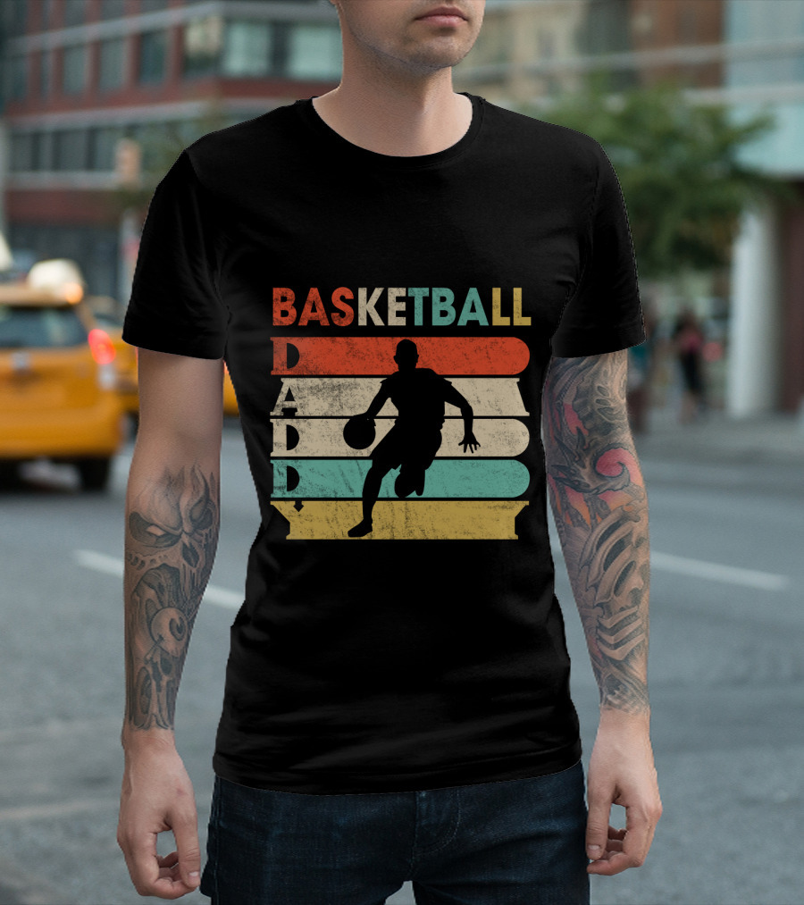 Basketball Daddy Retro Silhouette Player Vintage Stripes T-Shirt