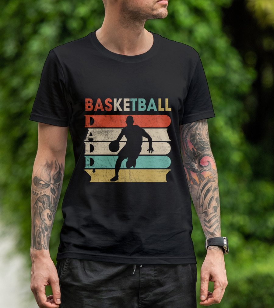 Basketball Daddy Retro Silhouette Player Vintage Stripes T-Shirt