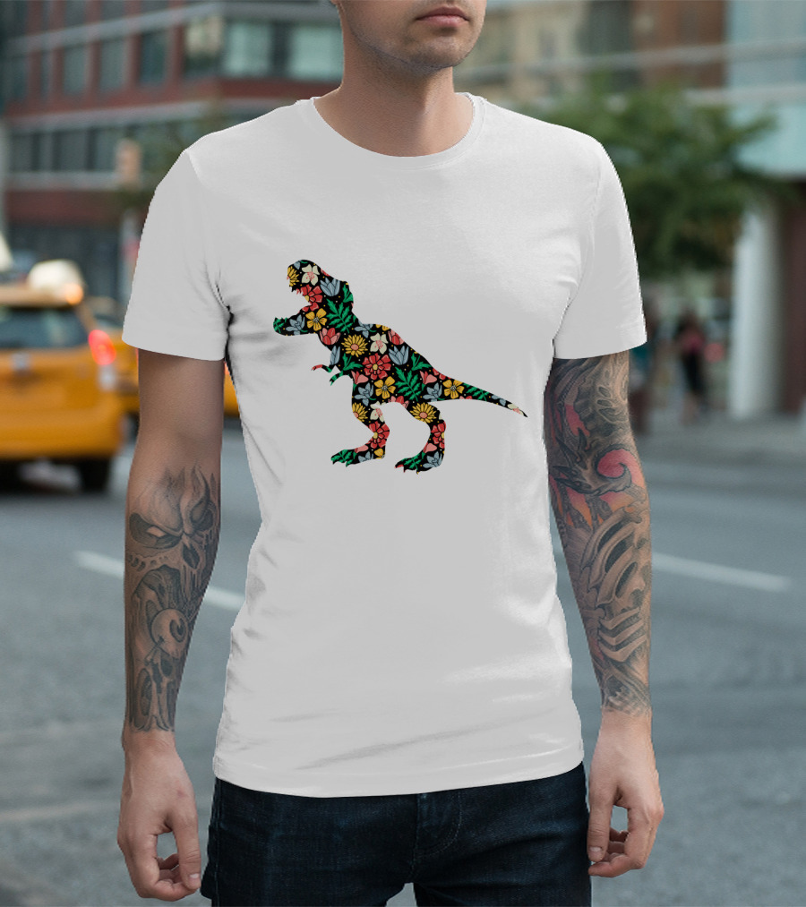 Floral Dinosaur Silhouette with Colorful Flowers T-Shirt