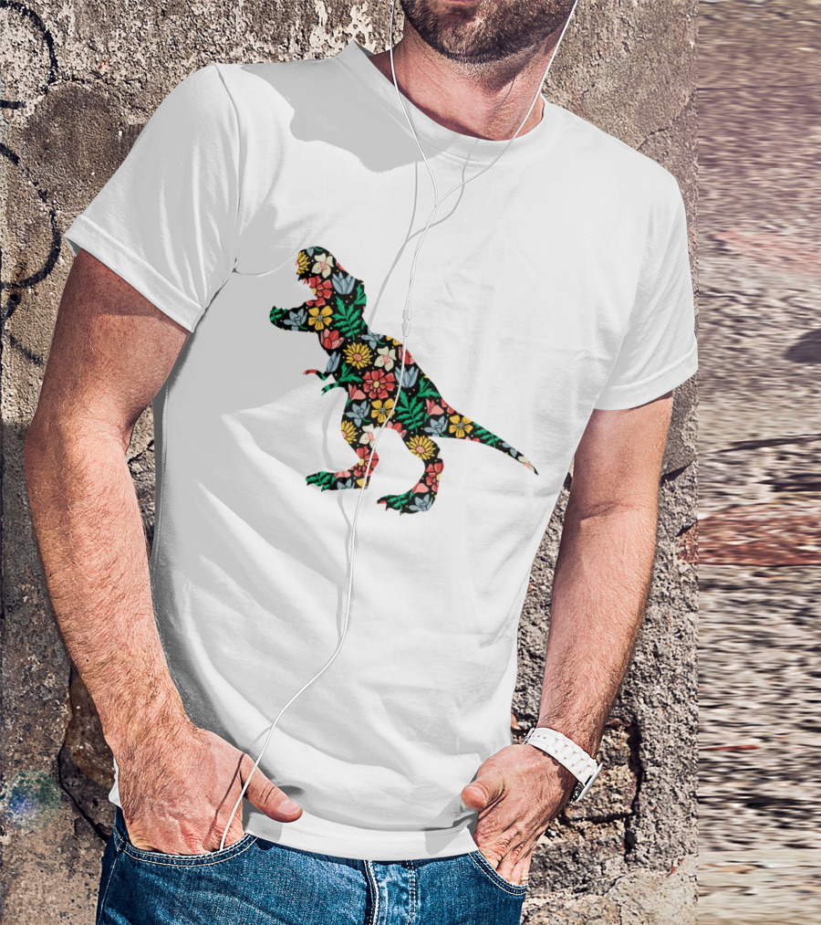 Floral Dinosaur Silhouette With Colorful Flowers T-Shirt