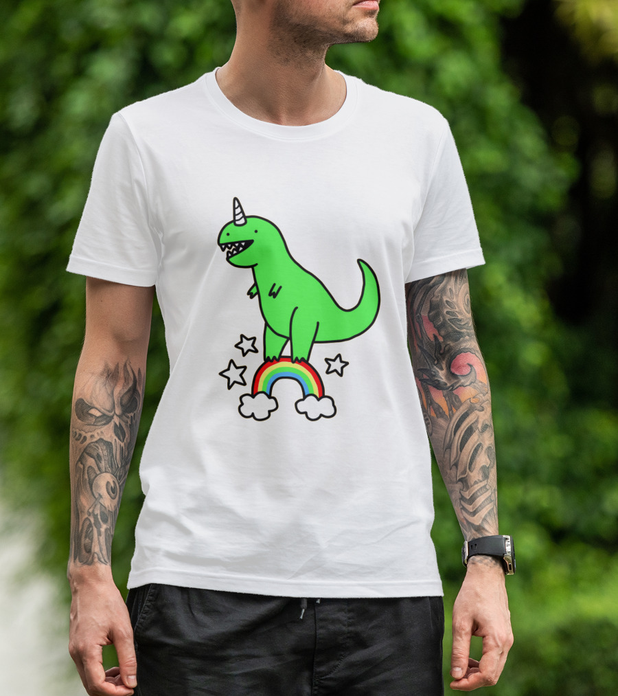 Unicorn Dinosaur With Stars And Rainbow T-Shirt