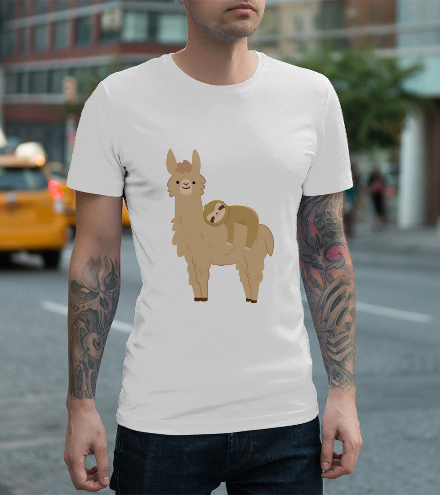 Adorable Sloth Resting on a Cute Llama T-Shirt
