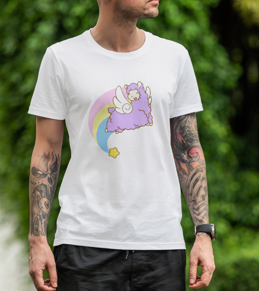 Flying Alpacasus: Winged Purple Alpaca With Rainbow And Star Trail T-Shirt