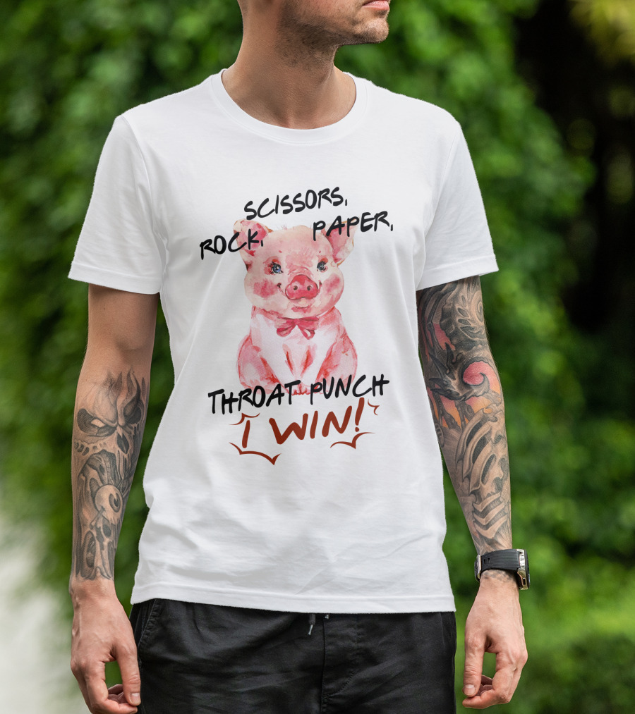 Scissors Rock Paper Throat Punch I Win Cute Pig Watercolor T-Shirt
