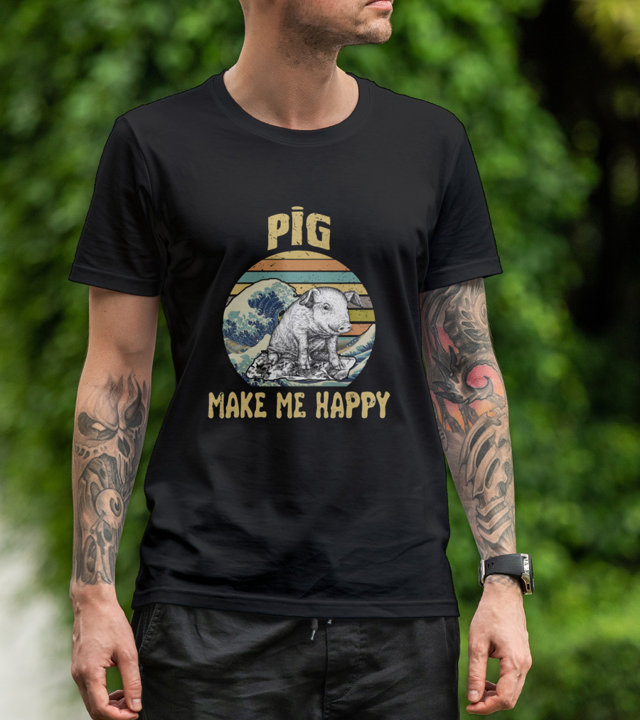 Pig Make Me Happy Retro Wave T-Shirt