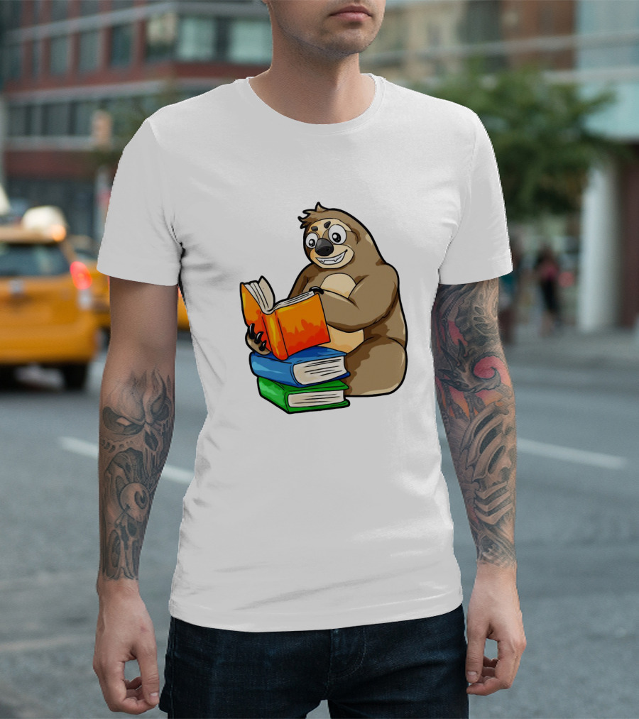 Sloth Enjoying a Stack of Colorful Books for Literacy and Knowledge Study T-Shirt