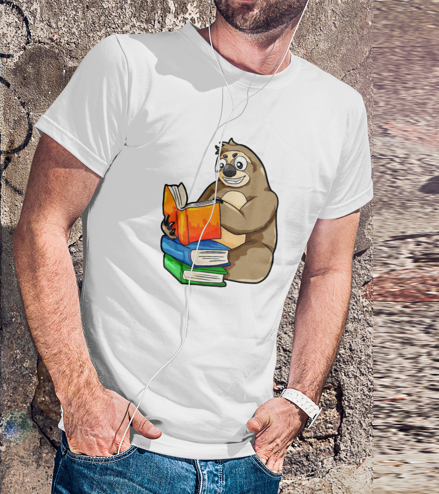 Sloth Enjoying A Stack Of Colorful Books For Literacy And Knowledge Study T-Shirt