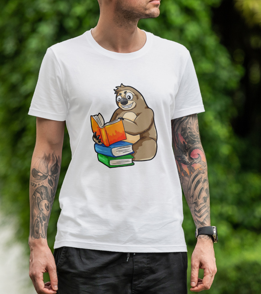 Sloth Enjoying A Stack Of Colorful Books For Literacy And Knowledge Study T-Shirt
