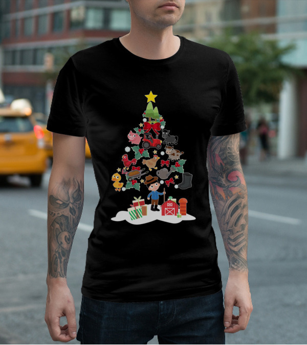 Farmer Christmas Tree With Farm Animals And Tractor T-Shirt