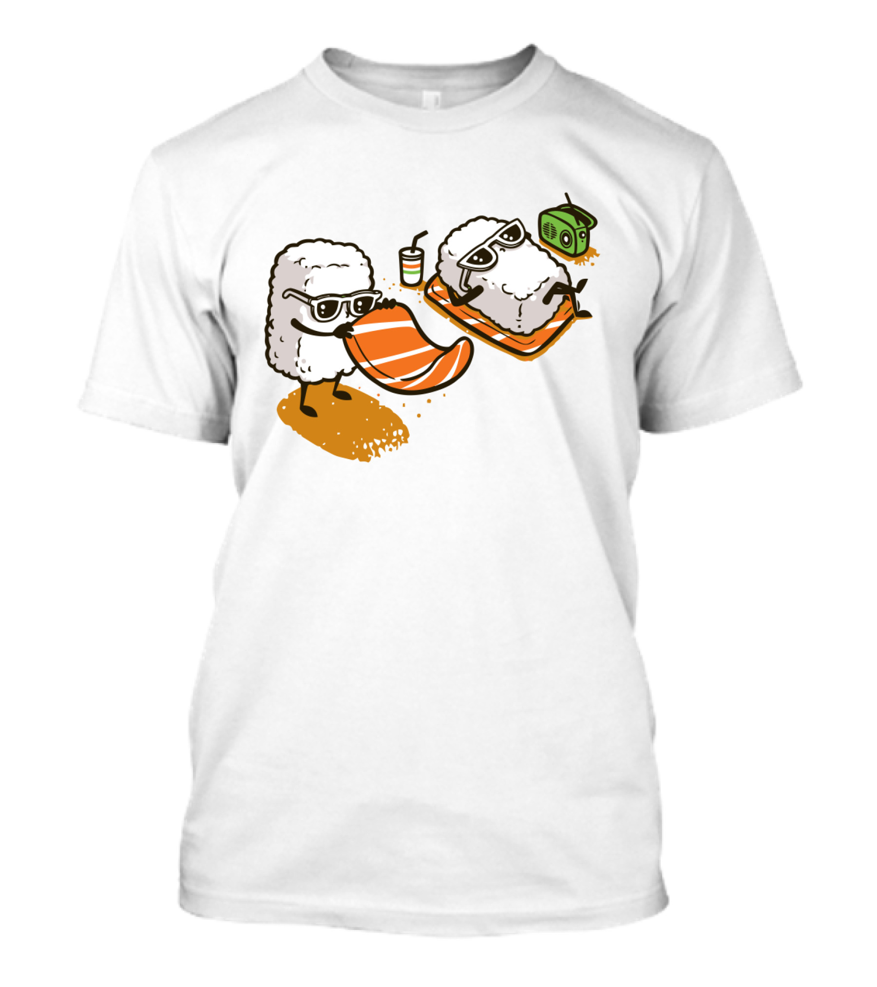 Sushi Chill Vibes: Cute Rice And Salmon Characters Relaxing With Shades And Radio T-Shirt