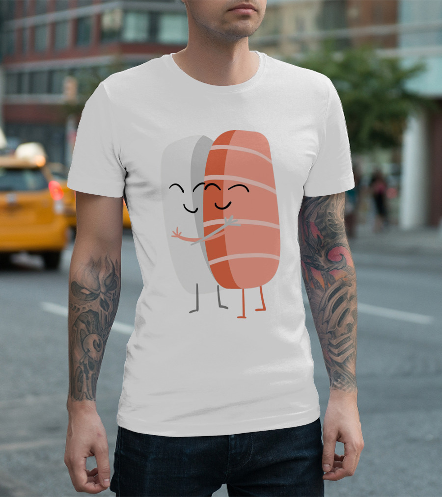 Kawaii Sushi Hugging Salmon Nigiri Cartoon T-Shirt