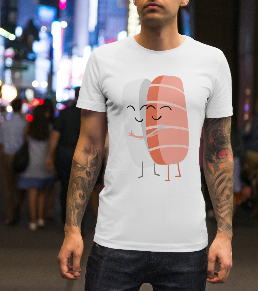 Kawaii Sushi Hugging Salmon Nigiri Cartoon T-Shirt