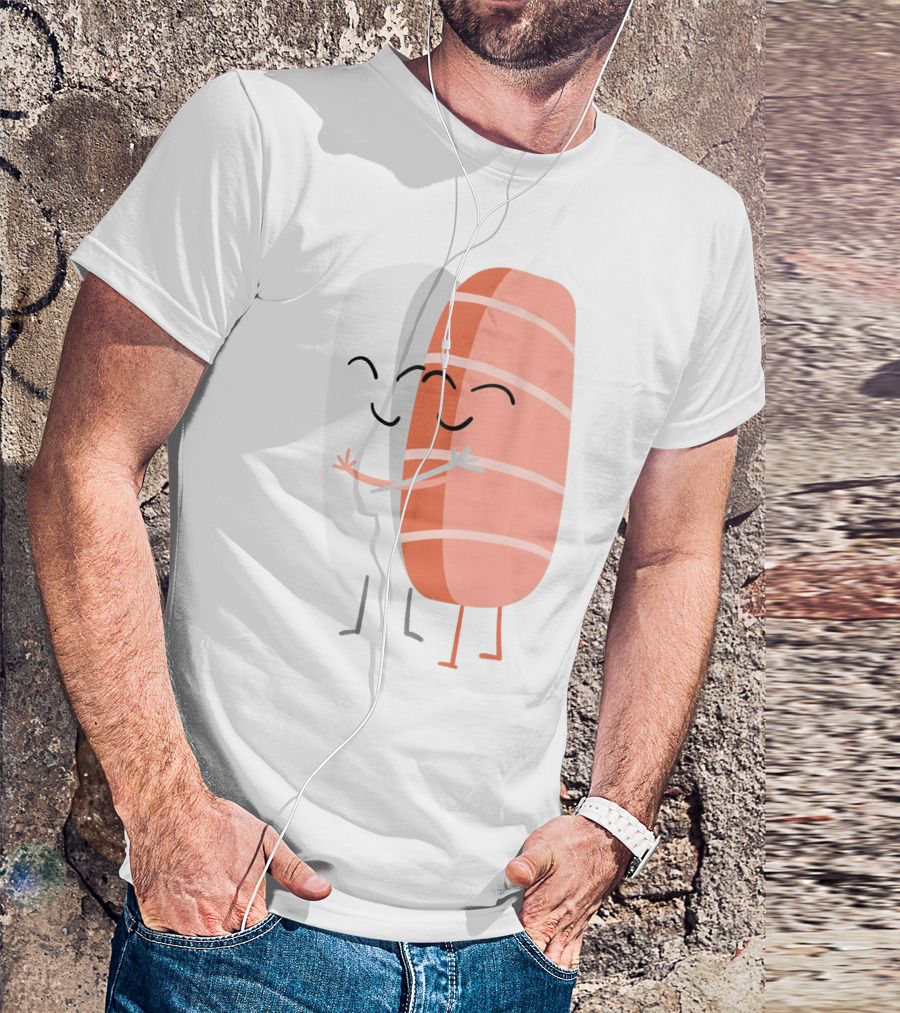 Kawaii Sushi Hugging Salmon Nigiri Cartoon T-Shirt