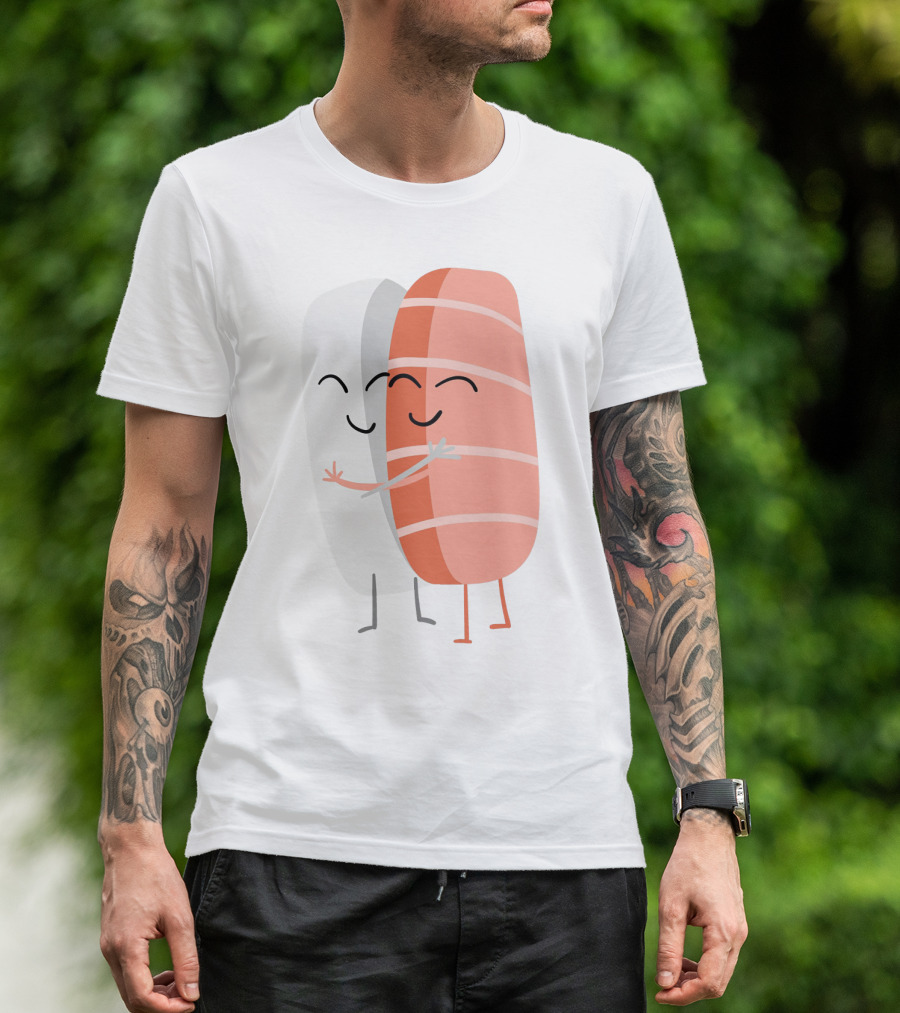 Kawaii Sushi Hugging Salmon Nigiri Cartoon T-Shirt