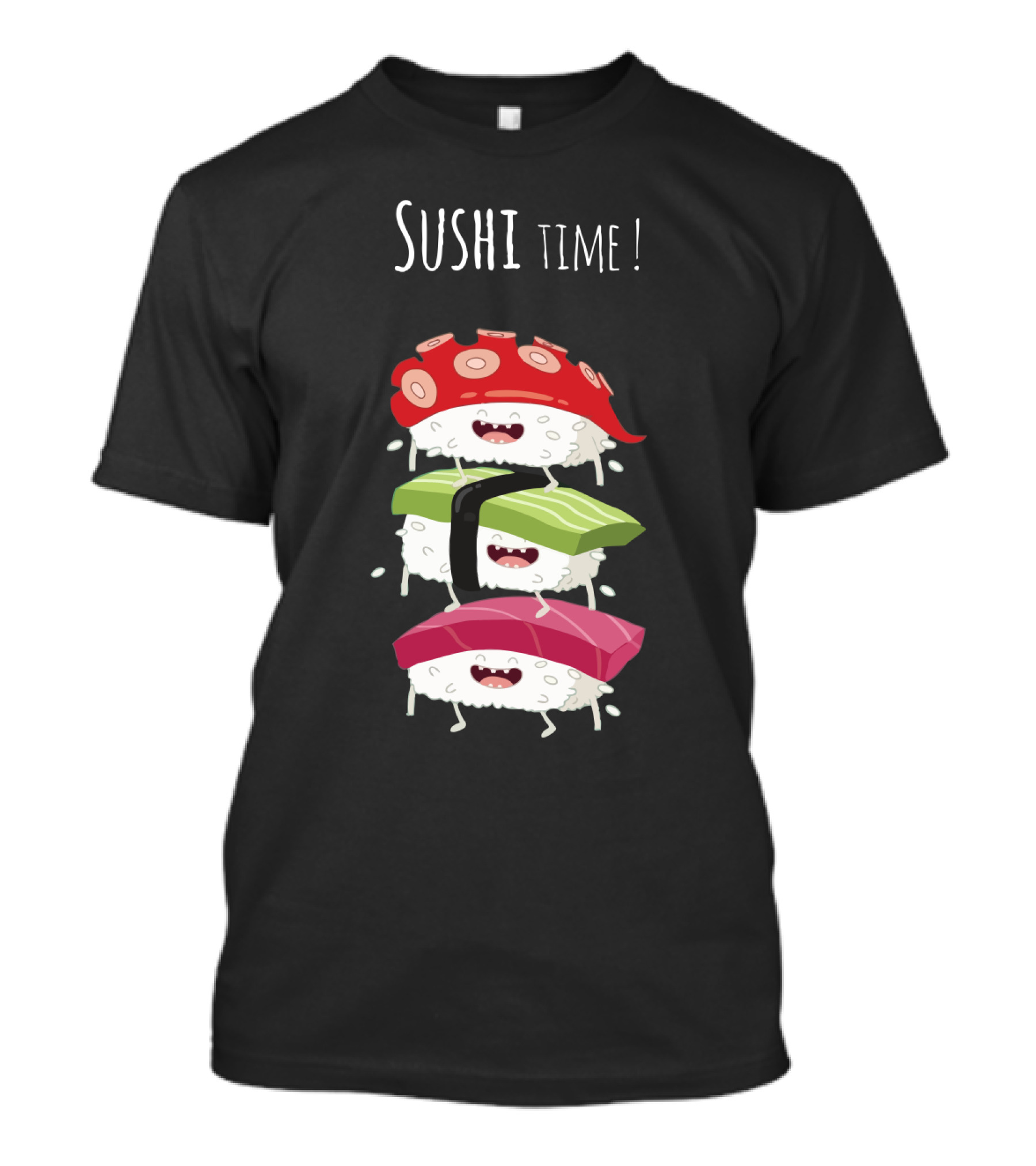 Sushi Time Funny Animated Sushi Stack With Smiling Rice Characters T-Shirt