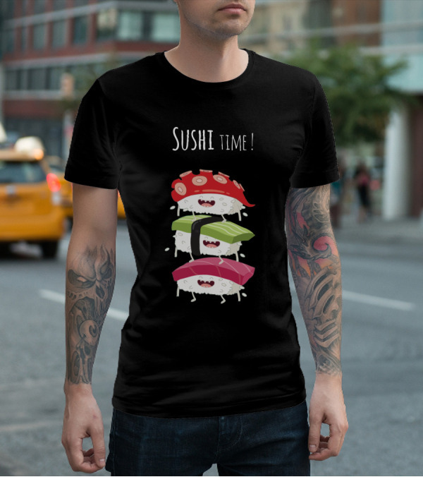Sushi Time Funny Animated Sushi Stack With Smiling Rice Characters T-Shirt