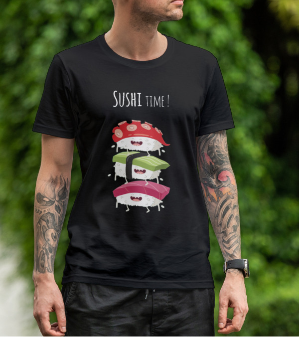 Sushi Time Funny Animated Sushi Stack With Smiling Rice Characters T-Shirt
