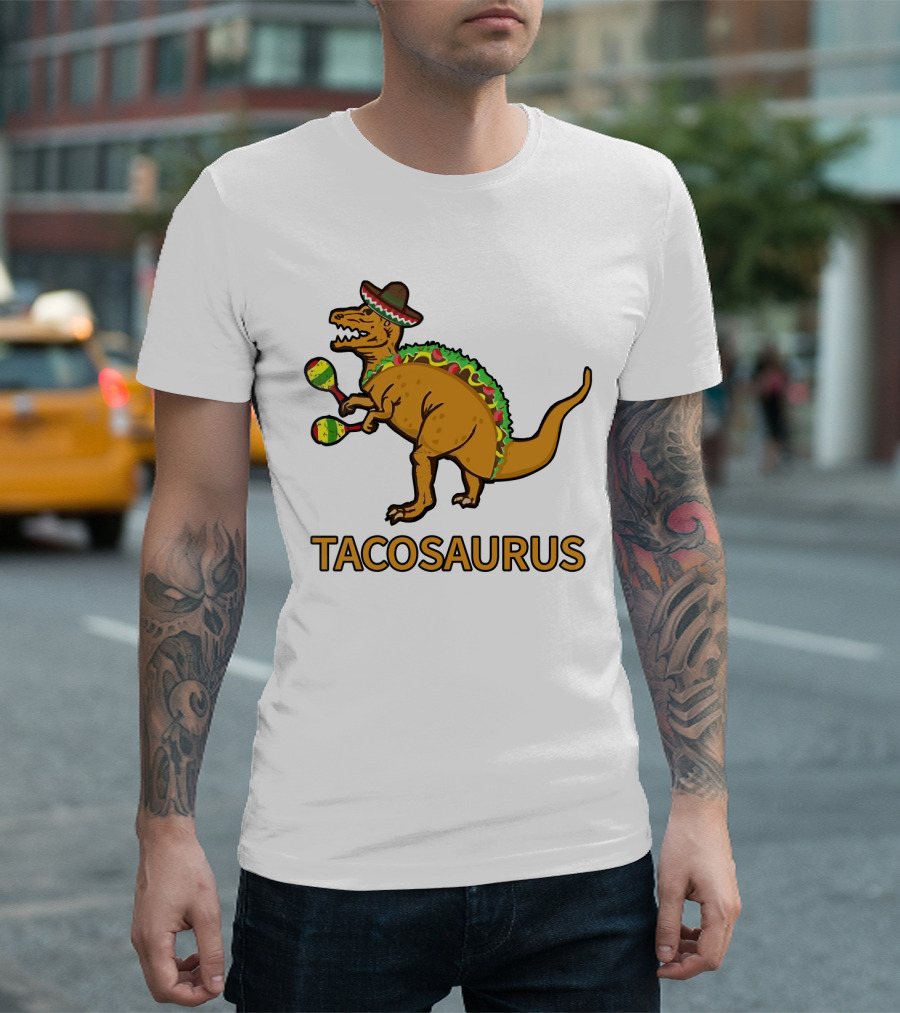 Tacosaurus Sombrero Dinosaur With Maracas Taco Lover Fiesta Fun T-Shirt
