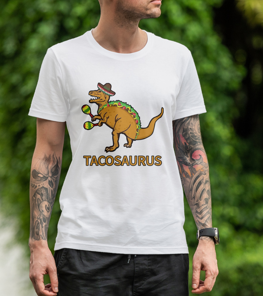Tacosaurus Sombrero Dinosaur With Maracas Taco Lover Fiesta Fun T-Shirt