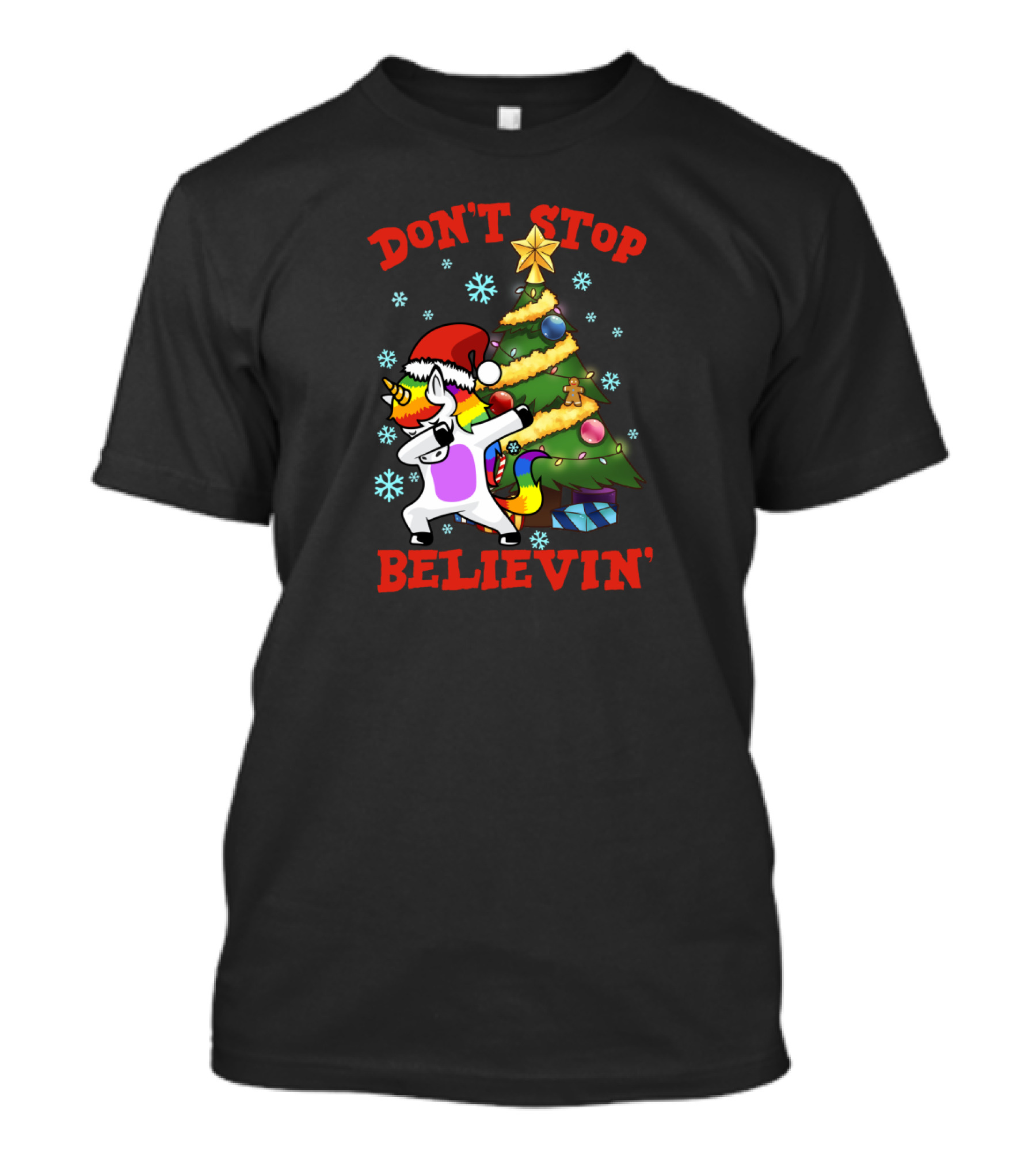 Don't Stop Believin' Unicorn Dabbing Christmas Tree Festive Holiday Magic T-Shirt
