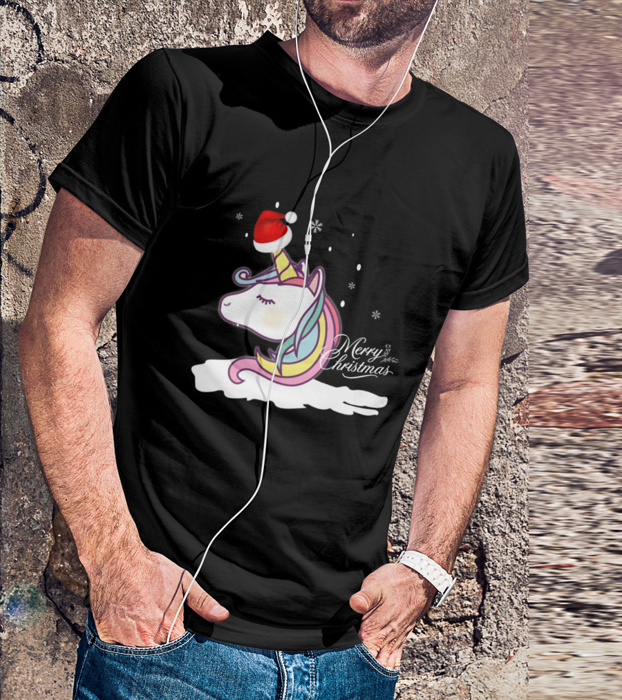 Merry Christmas Unicorn Santa Hat Snowflakes T-Shirt