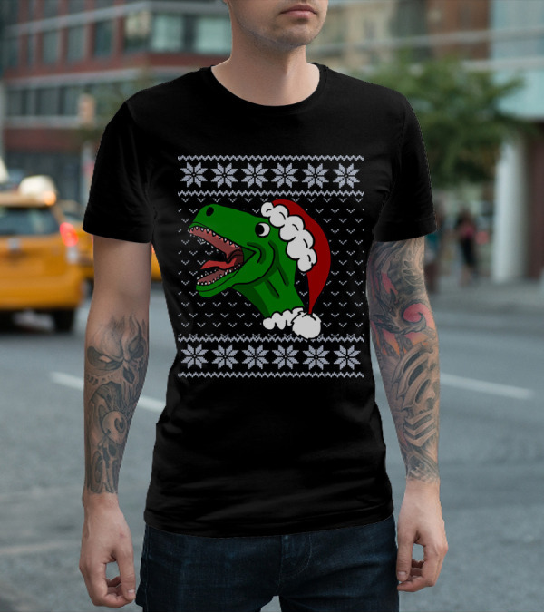 T Rex Christmas Ugly Sweater Santa Hat T-Shirt