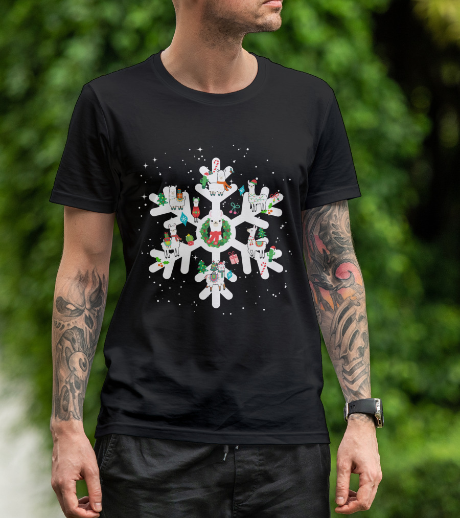 Llamas With Christmas Decorations On Large Snowflake T-Shirt