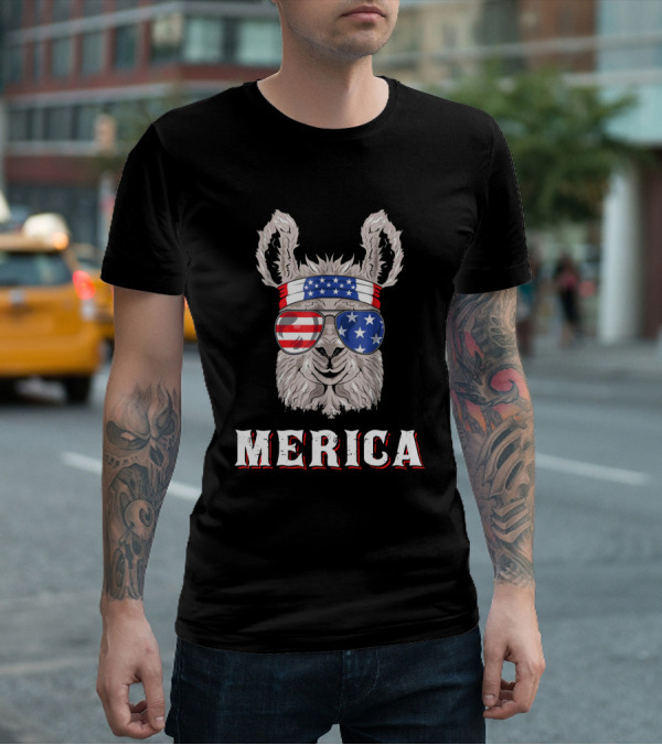 Llamerica Merica American Llama In Stars And Stripes Bandana And Sunglasses T-Shirt