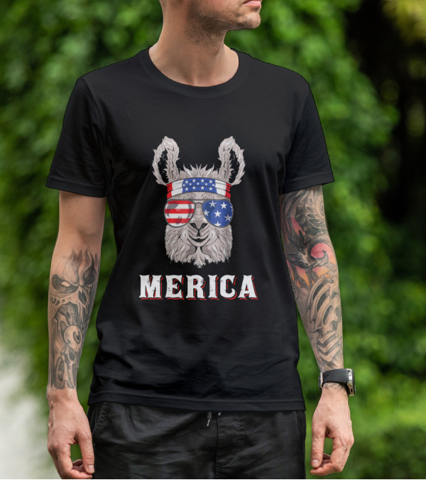 Llamerica Merica American Llama In Stars And Stripes Bandana And Sunglasses T-Shirt