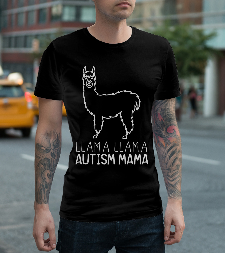 Llama Llama Autism Mama White Outline T-Shirt
