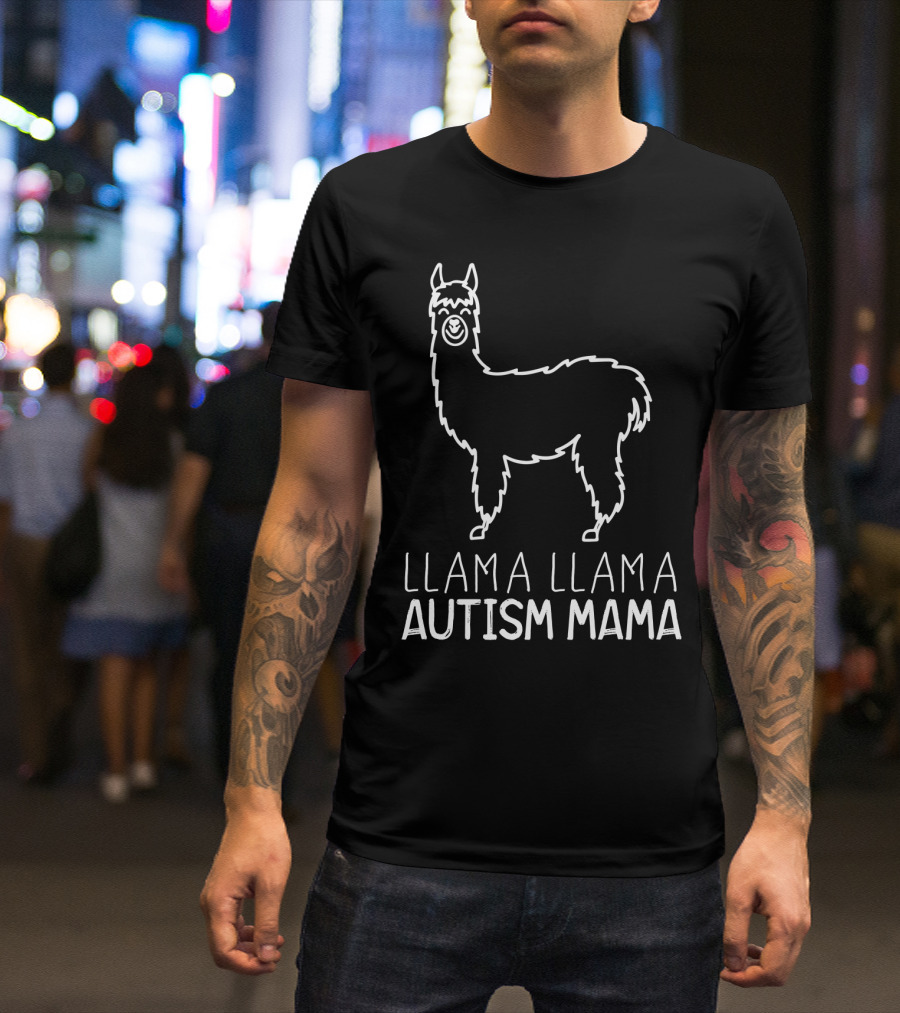 Llama Llama Autism Mama White Outline T-Shirt