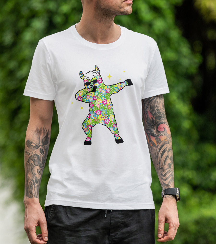 Llama Dabbing Tropical Floral Pattern With Sunglasses And Stars T-Shirt