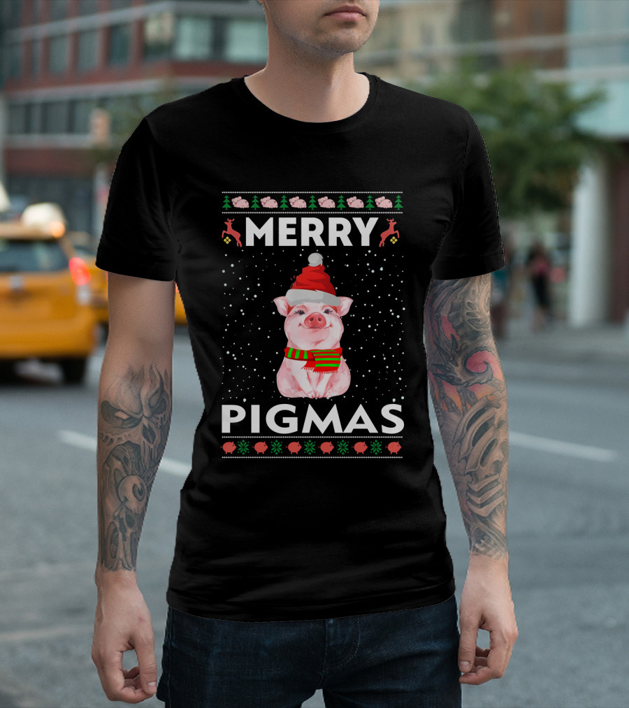 Merry Pigmas Christmas Pig Festive Holiday Santa Hat Scarf Snowflakes Icons T-Shirt