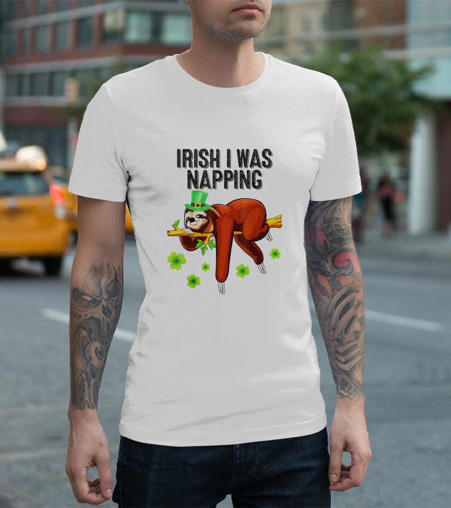 Irish I Was Napping Sloth with Shamrocks and Leprechaun Hat T-Shirt