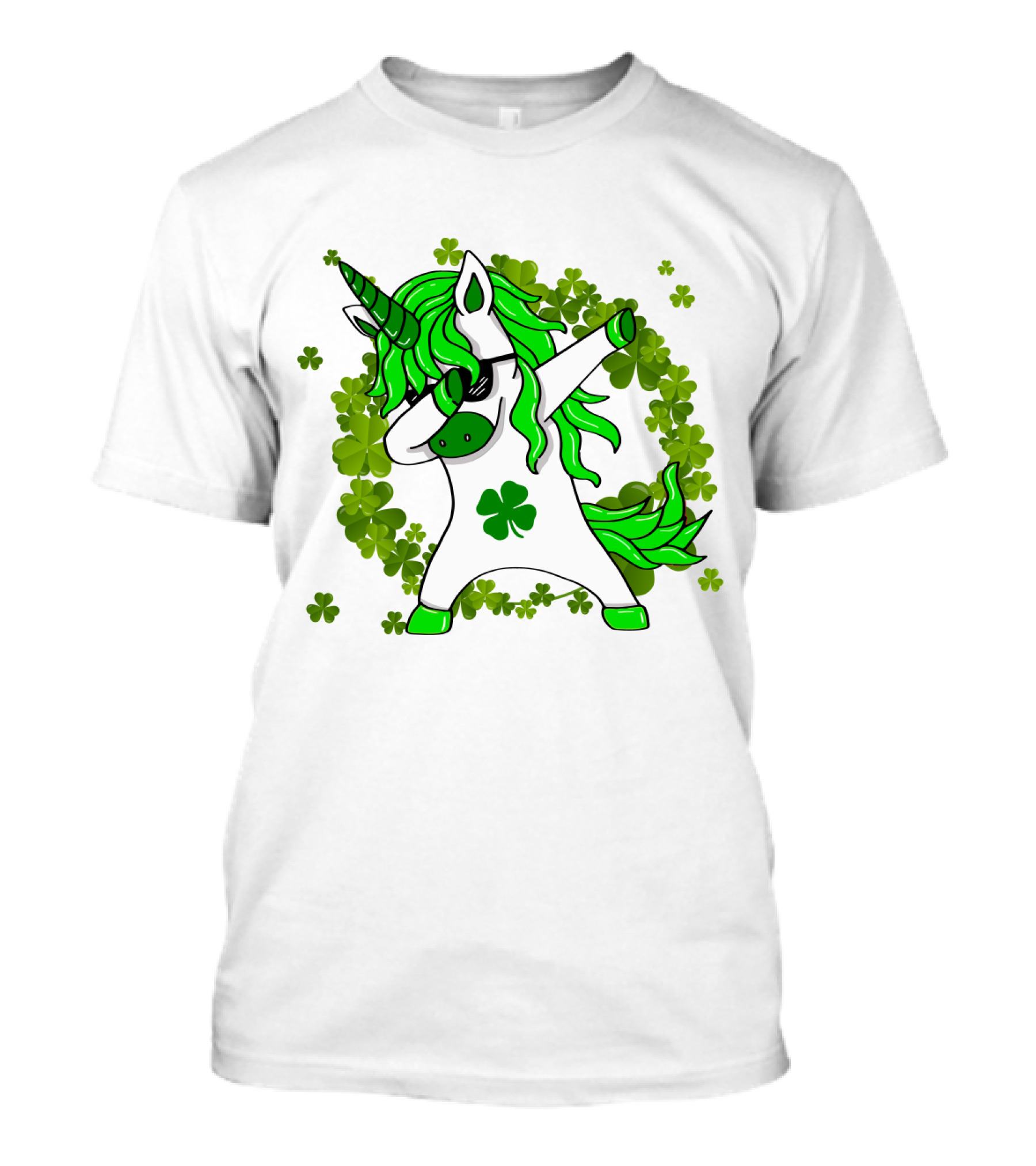 St. Patrick's Day Clover Unicorn Dabbing With Shamrock Mane Surrounded By Green Clovers T-Shirt