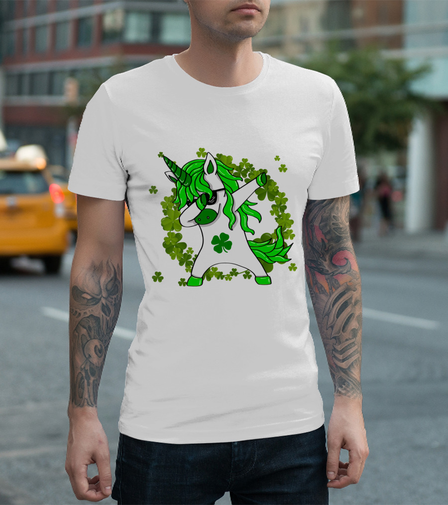 St. Patrick's Day Clover Unicorn Dabbing With Shamrock Mane Surrounded by Green Clovers T-Shirt