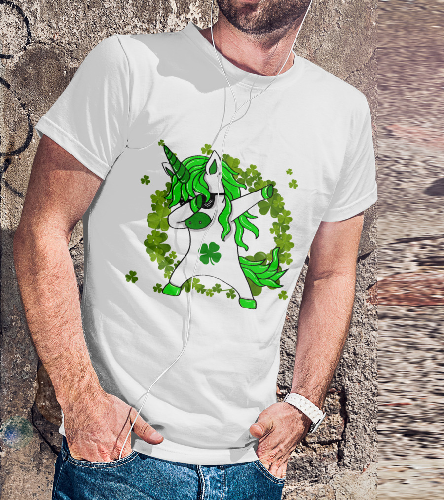 St. Patrick's Day Clover Unicorn Dabbing With Shamrock Mane Surrounded By Green Clovers T-Shirt
