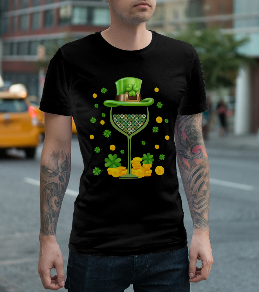 Patrick's Day Wine Glasses Leprechaun Hat Clover Coins T-Shirt