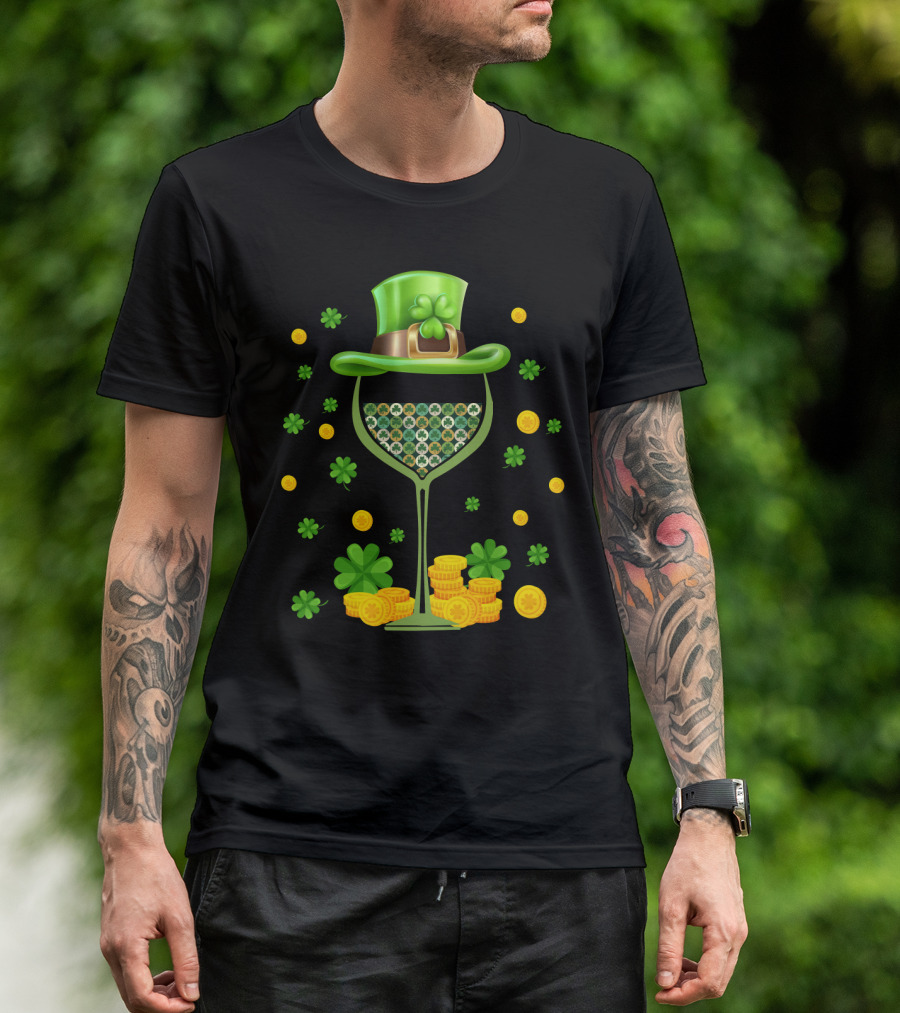 Patrick's Day Wine Glasses Leprechaun Hat Clover Coins T-Shirt