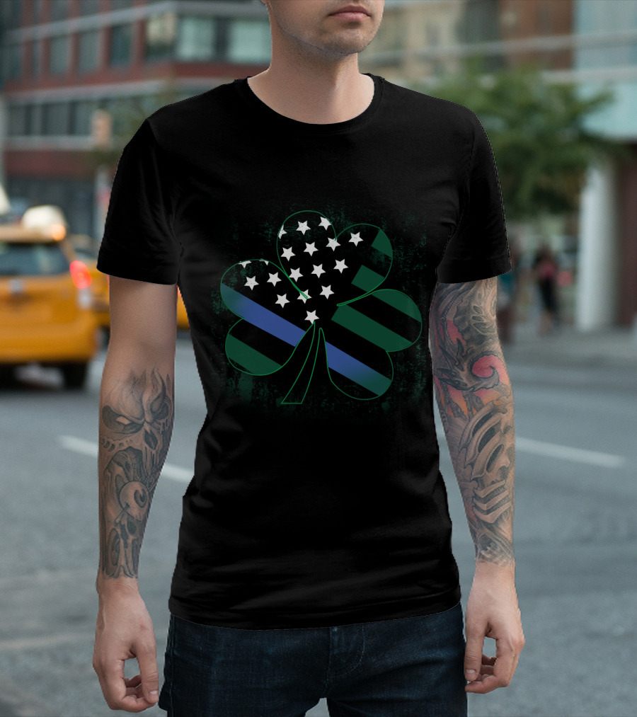 St Patrick's Day American Flag Shamrock Blue Line T-Shirt