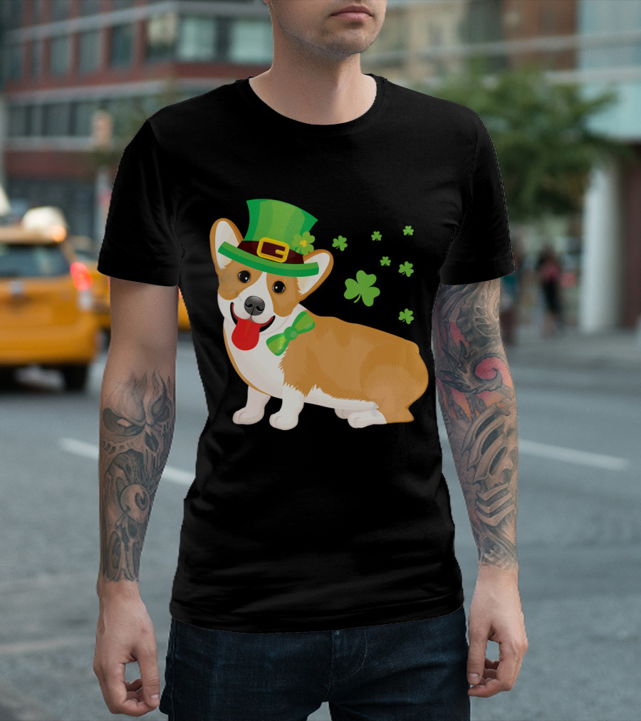 Corgi St Patrick's Day Lucky Shamrocks and Green Leprechaun Hat T-Shirt