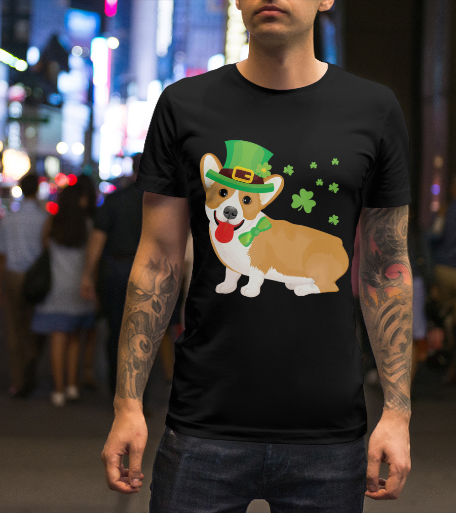 Corgi St Patrick's Day Lucky Shamrocks And Green Leprechaun Hat T-Shirt